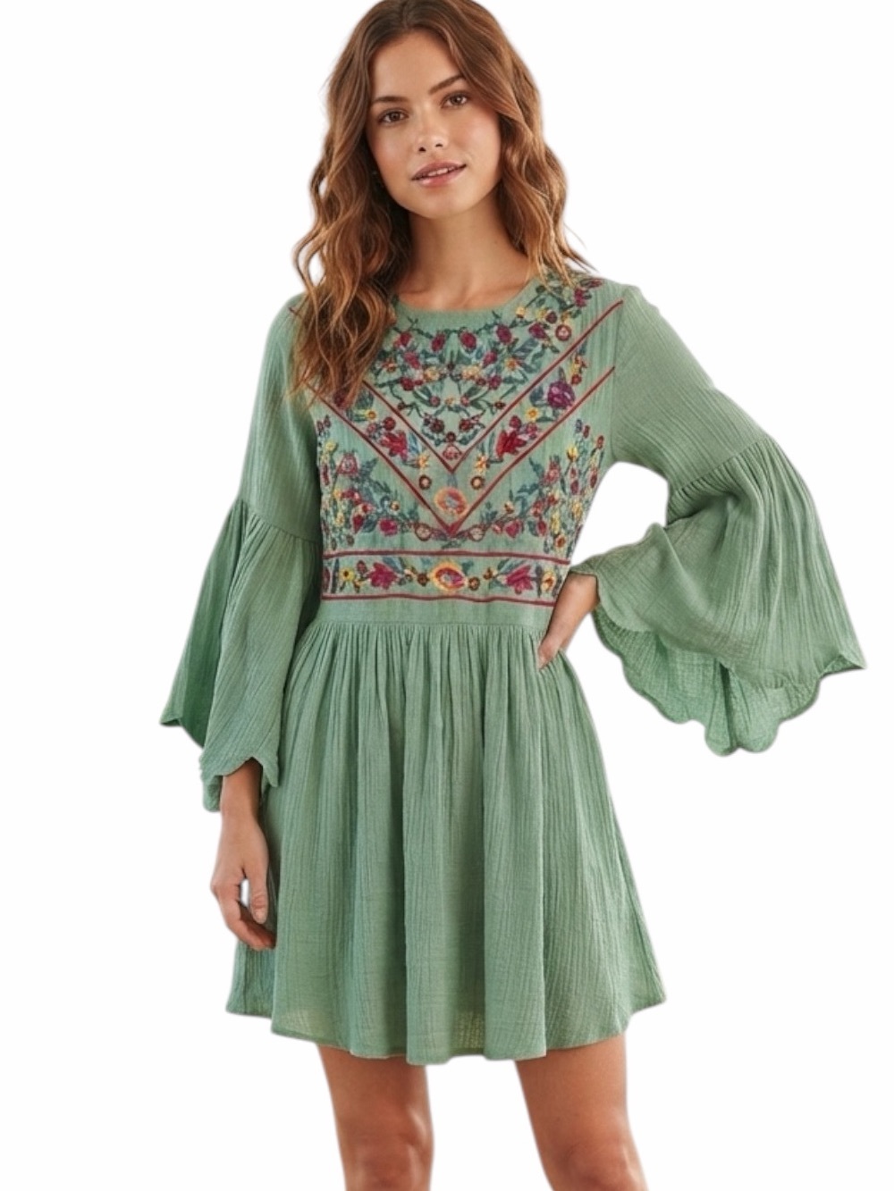 Umgee Sage Green Embroidered Boho Peasant Mini Dress Flounce Bell Sleeve Size Sm
